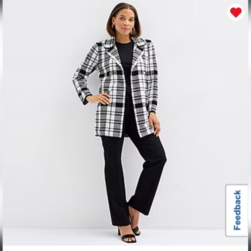 Black Label By Evan Picone LongvSleeve Open Fron Monochrome Plaid Women's Blazer